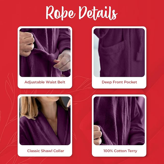 RIVERSIDE Premium 100% Cotton Terry Bathrobe For Women and Men - Soft Towel Robes with Shawl Collar Ajdustable Belt & Pockets