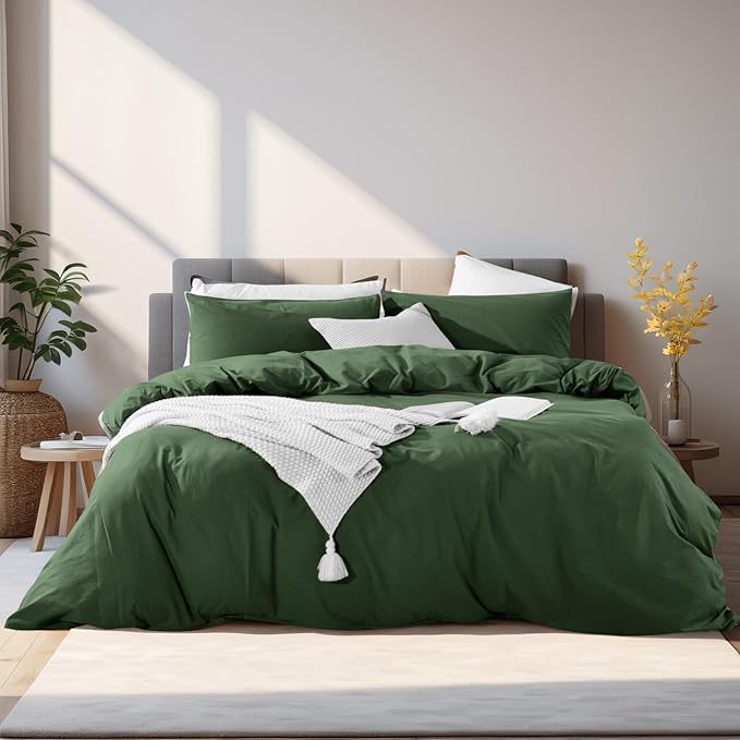 NEXHOME PRO Duvet Cover Set 100% Washed Cotton, Natural Linen Feel 3 Pieces Bedding Set with Zipper Closure & Corner Ties, Breathable Oversized King Forest Green (No Comforter)