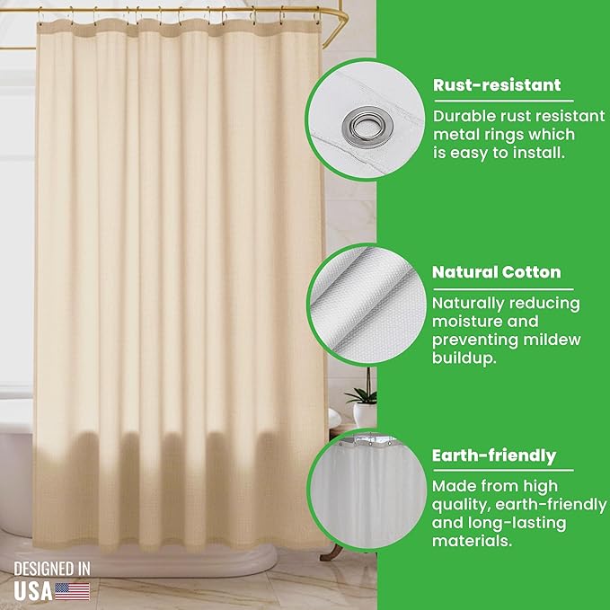 FABRIC SHOWER CURTAIN LINER 36"x74" SMALL Stall Size - Stylish Quality Bathroom Drape - Earth Friendly Non-Toxic Odor-Free NATURAL Cotton Liner, Light-Weight Washable natural Shower Curtain 36NC