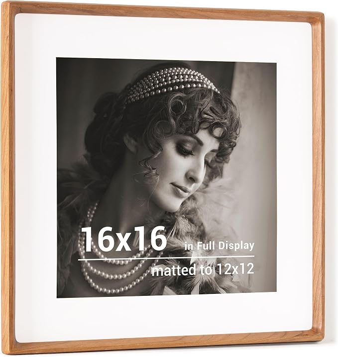 16x16 Picture Frame, USA-Sourced Cherry Wood Photo Frames with HD Tempered Glass, Handcrafted Rounded Corner 16 x 16 Wooden Frames Matted to 12x12 Photos, 16x16 Frame, Tabletop or Wall Display