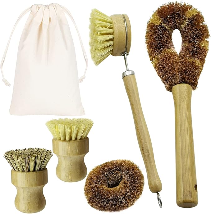 5 Pieces Bamboo Dish Brush Set for Eco-Friendly Home - Wooden Dish Scrubbers, Sustainable Kitchen Cleaning Set, Natural Bristle Dish Brushes for Pots Pans Bottles