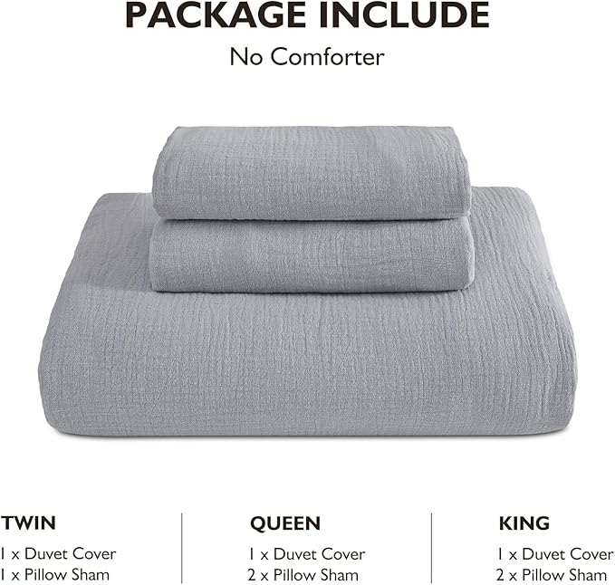EMME Muslin Cotton Duvet Cover Set Light Grey Queen Size Linen Like Soft Breathable Lightweight Summer Comforter Cover Set with Zipper Closure (Light Grey, Queen, 90"x90")