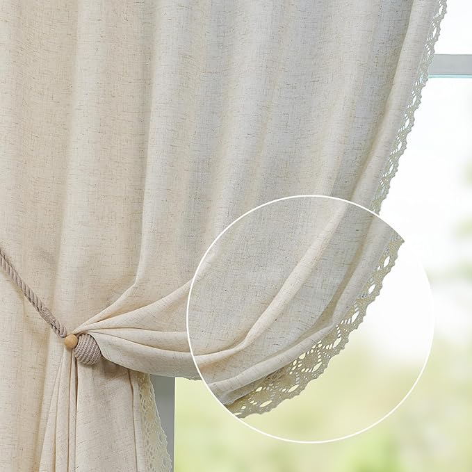 jinchan Linen Curtains for Living Room Bedroom Light Filtering Semi Sheer Curtains Boho Farmhouse French Country Cottage Core Decor Window Drapes Back Tab 108 Inch Length Laced Beige