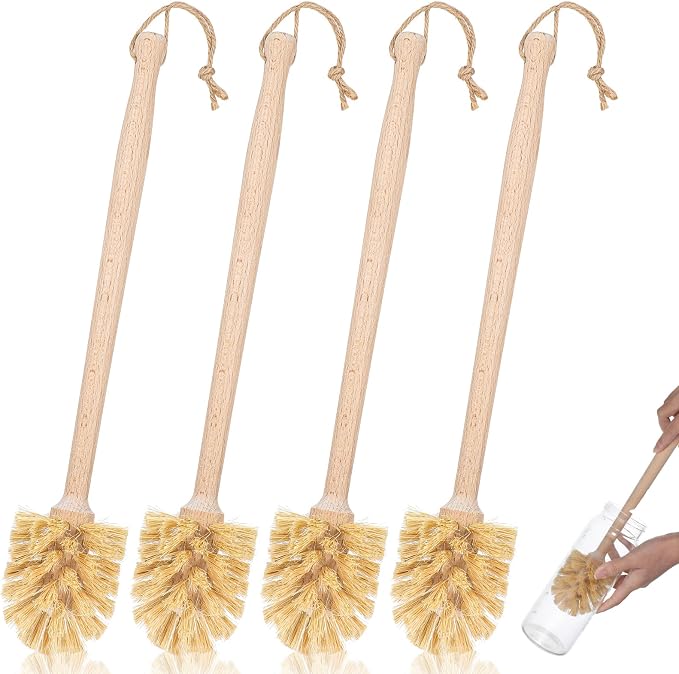 Kifmurase 4PCS Bottle Brush Cleaner, Natural Wood Dish Scrub Brush with Sisal Bristles for Cleaning Bottles Mugs Jars Glasses Dishes Vases, 13.6 x 2.6 Long Handle Non-Scratch Cup Brushes