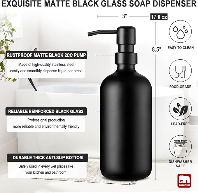 GMISUN Black Soap Dispenser, 1 Pack Matte Black Bathroom Hand Soap Dispensers, 17 Fl Oz Dish Soap Dispenser for Kitchen with Rustproof Stainless Steel Pump, Modern Liquid Dishwashing Dispensers Bottle