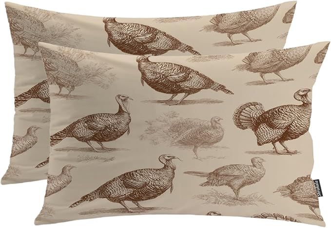 Shrahala Wild Turkeys Pillowcases, Vintage Turkey Illustration Lumbar Pillow Cover Decorative Blended Double-Sided No Inserts for Bedroom Sofa Living Room Set of 2 (26 x 20 in)