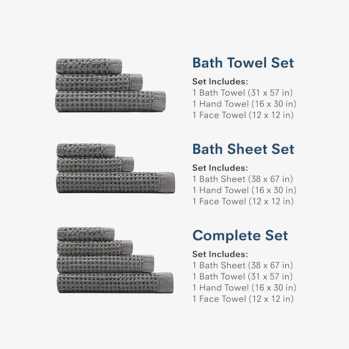 ONSEN Supima® Waffle Bath Towel Set, Quick Dry Lint Free 100% USA Cotton, Bath Hand and Face Towel Bundle, 3 Piece (Cinder Grey, Bath Towel Set)