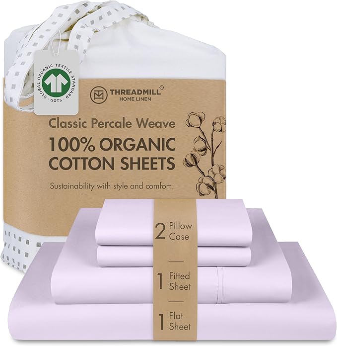 Threadmill 100% Organic Cotton Sheet Set - Full, 4 Piece, Lilac - GOTS Certified - Lightweight and Cooling Sheets with All-Around Elastic for Fitted Sheet Upto 16" Deep Pocket