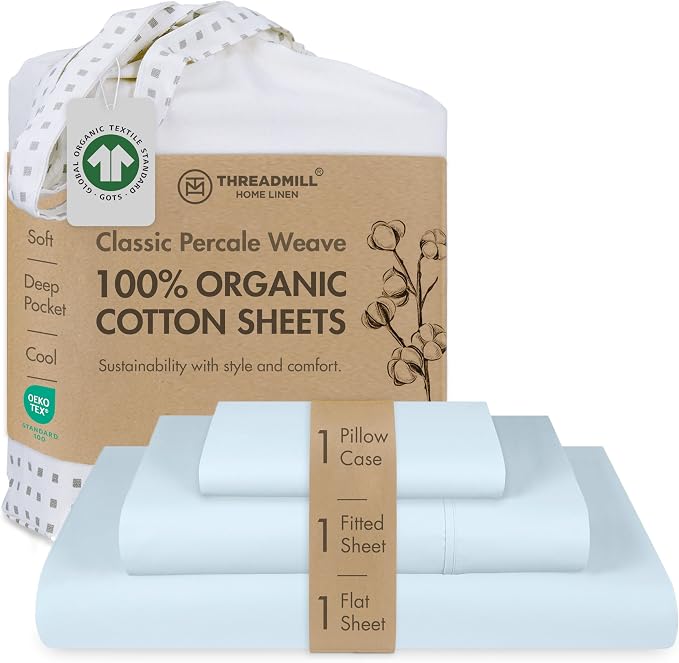 Threadmill Certified by GOTS Organic Cotton Sheets - Twin XL, 3 Piece, Light Blue - Ultra Soft, Cooling and Breathable Bed Sheet Set - Lightweight and All-Round Elastic Deep Pocket