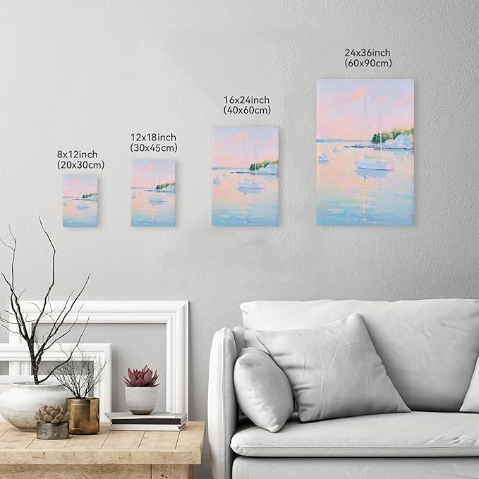 HUYKON Coastal Pink Wall Art Set of 3 Maximalist Ocean & Beach Landscape Canvas Poster Trendy Sailboats Flowers Sunset Painting Pastel Picture Prints for Bedroom Home Decor 24x36inch Unframed