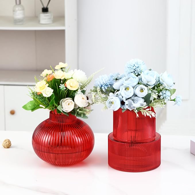 Ribbed Glass Vases, Set of 2 Fluted Vases for Flowers, Red Glass Vase for Tulips, Modern Vase for Living Room, Kitchen, Office, Entryway, Mantle, Bookshelf, Wedding Gifts, Birthday