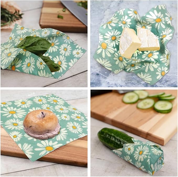 Beeswax Wraps for food 3-Pack, bee wraps reusable with Multi-function brush, Eco-Friendly to Wrap Fruits & Bread,sandwich Wraps (S,M,L) with Daisy Design