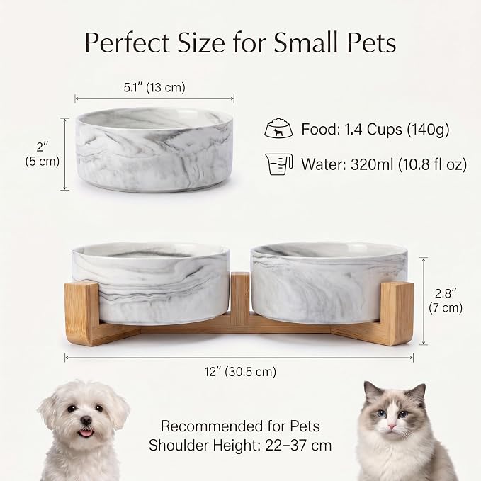 Ceramic Dog Bowls with Non-Slip Bamboo Stand - Dog Food and Water Bowl Set Ideal for Cats and Small Dogs - Double 5.1" Pet Dishes, Each Feeder Holds 1.4 Cups / 10.8 fl oz - Black Marble