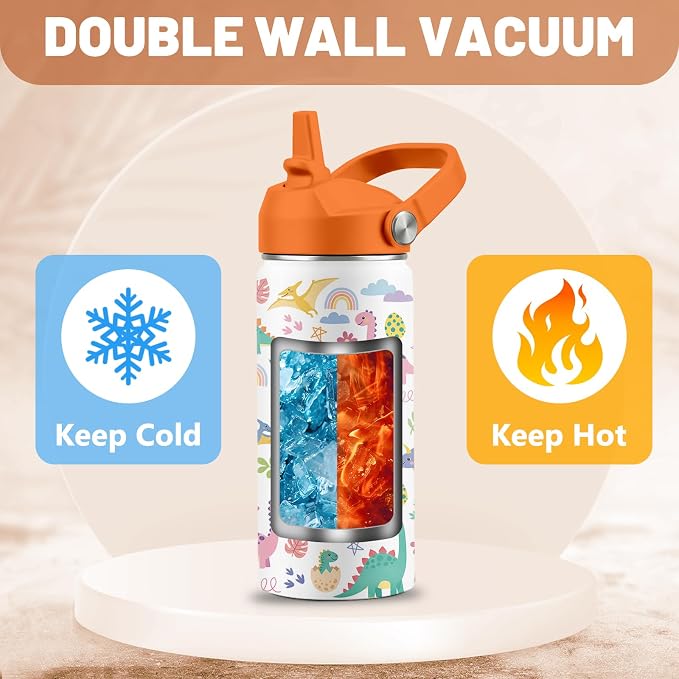 16 oz Water Bottle with Straw Lid, 2 Pack Set, Dinosaur Unicorn Gifts for Boys Girls, Stainless Steel Insulated Water Bottles for School Travel Outdoor Sports, Cute Cups Birthday Gifts