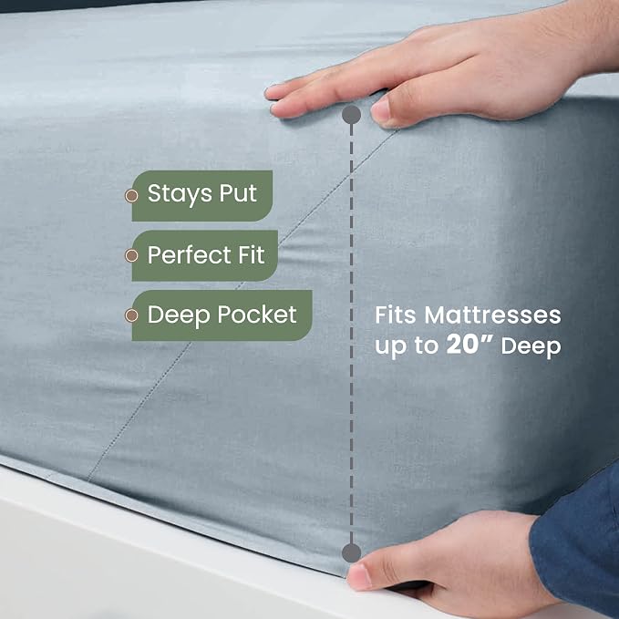 Martex EcoPure Twin Size Sheet Set, Blue | 100% Organic Cotton, Comfort Washed, Cooling, Deep Pocket, GOTS Certified