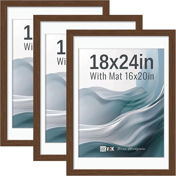 VCK 18x24 Frames Brown 3 Pack, Wide Border Wood, Display 16x20 Picture Photo with Mat or 18 x 24 without, for Home, Office, Gallery, Woodgrain Series, Wall Hanging