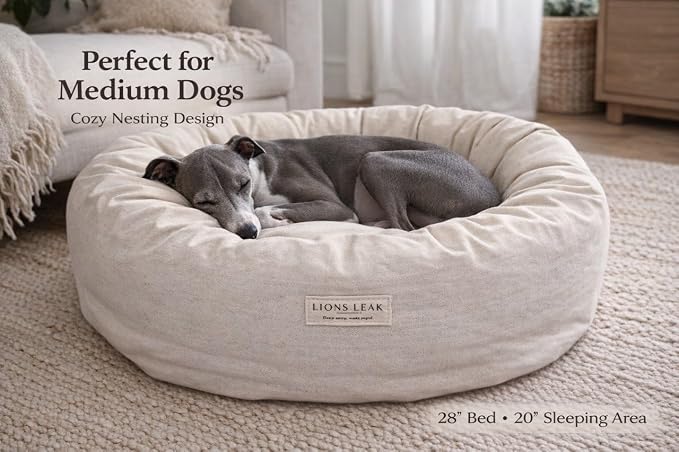 Round Dog Bed – Natural Canvas, Removable Washable Cover, Raw Cotton or Latex Fill, Hypoallergenic Non-Toxic, Made in USA (Natural, Medium, Soft Comfort – Organic Latex)