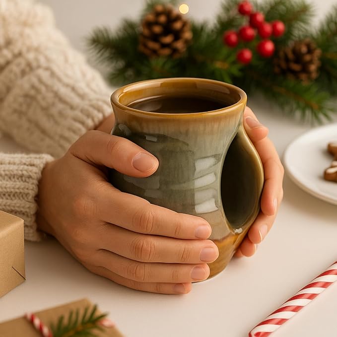 Hand Warmer Mug, Ceramic Pottery and Hand Painted & Colored - Contoured Pocket, Hold Warmth From The Heat Of Your Drink - Keep Your Fingers Warm, Comfy Handwarmer Gift, Winter Gifts - Right Handed