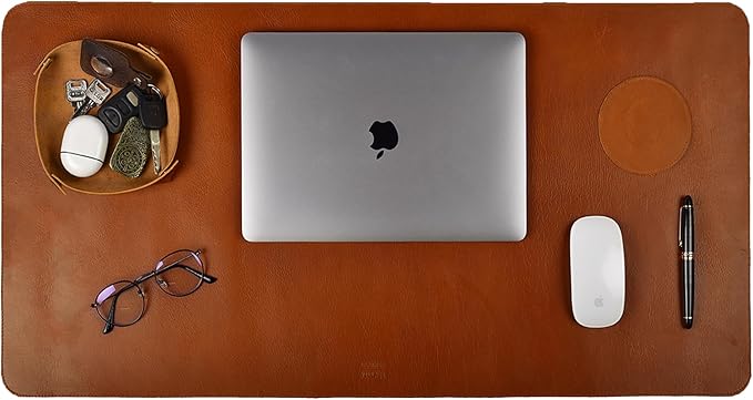 LEATHER VILLAGE Real Leather Desk Pad (3mm) Thick Double Layer Desk Mat Cover Blotter Large Full Grain Protector for Keyboard, Mouse & Laptop – Office Table Mat & Desktop Accessories–(32''x16'')-Tan