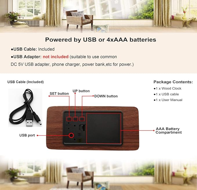 Alarm Clock for Bedside Modern Wood Digital Clock Snooze LED Desk Clock Display Time Temperature Humidity Brightness Adjustable for Home Kids Bedroom Office(Brown)