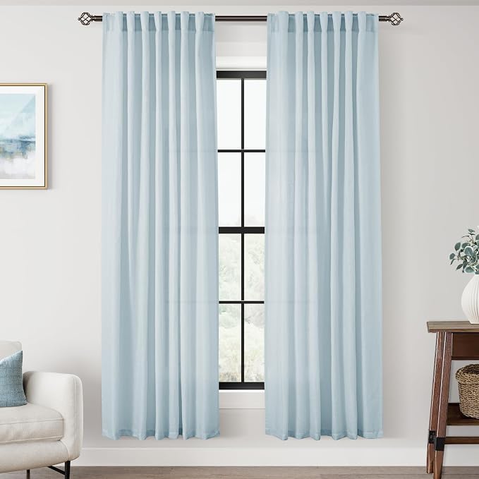 Sky Blue Curtains 72 inch Length for Bedroom Back Tab Light Filtering Semi Sheer Blue Living Room Curtains Linen Cotton Textured Drapery Panel Aesthetic Decor Light Blue 52x72