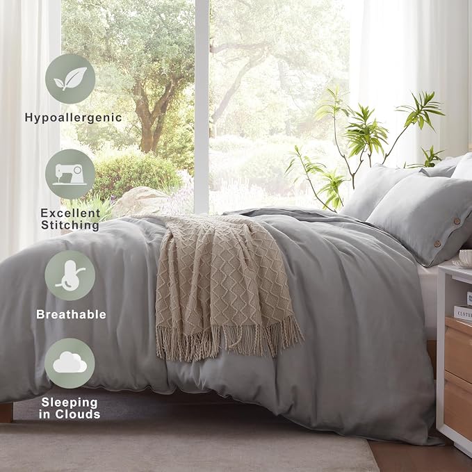 TOSMO 100% Linen Duvet Cover Set with Button Closure, 3 Pieces (1 Duvet Cover with 2 Pillowcases), Soft Breathable Durable Farmhouse Bedding - King, Soft Grey