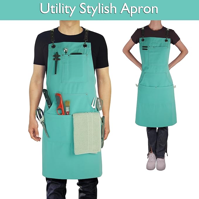 10 Pack Kitchen Aprons, Work Apron, Canvas, Multiple Pockets, Gardening, Painting, BBQ, Artist, Carpenter, Sizes M to XXL, Ice Blue