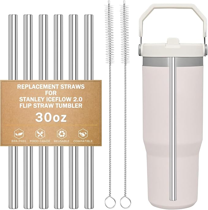 LUCKINEE Replacement Stainless Steel Straws for Stanley IceFlow Tumbler 30 oz, 6 Pack Metal Reusable Straws with 2 Straw Cleaner Brushes for IceFlow Tumbler Accessories