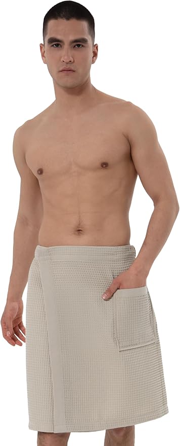 SEYANTE Men's Organic Waffle Spa Wrap – GOTS Certified 100% Turkish Cotton, Adjustable Closure, Same-Color Piping