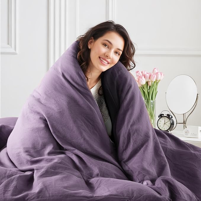 NEXHOME PRO Full Duvet Cover Set, 100% Washed Cotton with Linen-Like Texture, Natural Organic, Breathable & Comfortable, Includes Home Bedding Set Dusty Purple (No Comforter) 8090