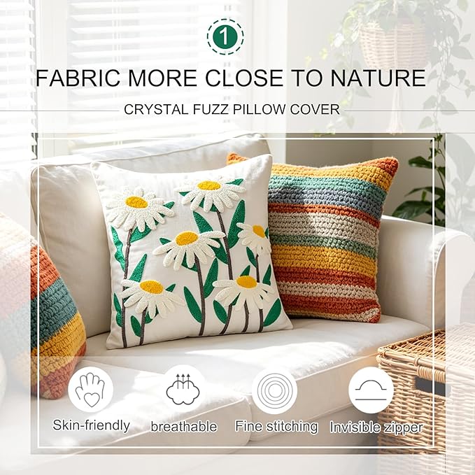 Embroidered Throw Pillow Cover 18x18 Inch,Cotton Canvas Floral Pillow Case, Daisy Wildflower Leaf Boho Farmhouse Decorative Cushion Square for Sofa Bedroom Living Room Outdoor Couch Farmhouse (A009)