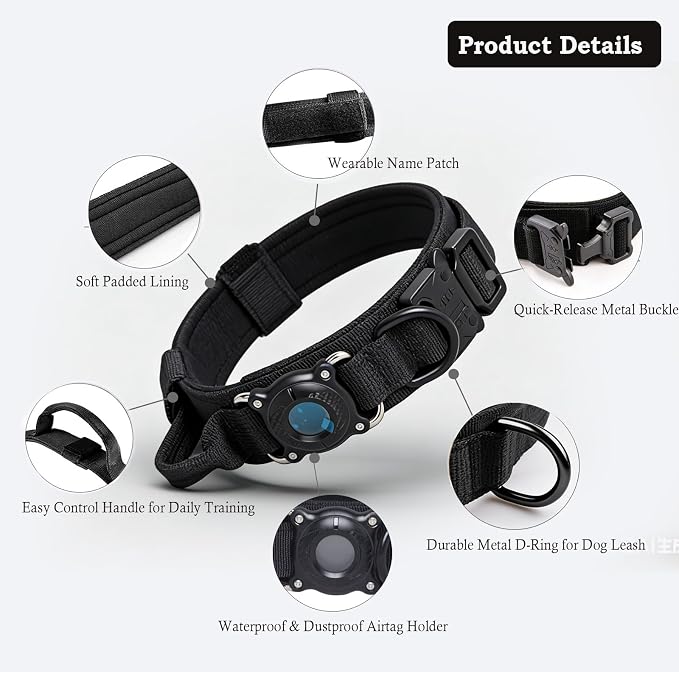 Upgraded AirTag Dog Collar,Waterproof Tactical Dog Collar with AirTag Holder, Control Handle and Metal Buckle,Heavy Duty Dog Collars for Large Dogs(Black，L