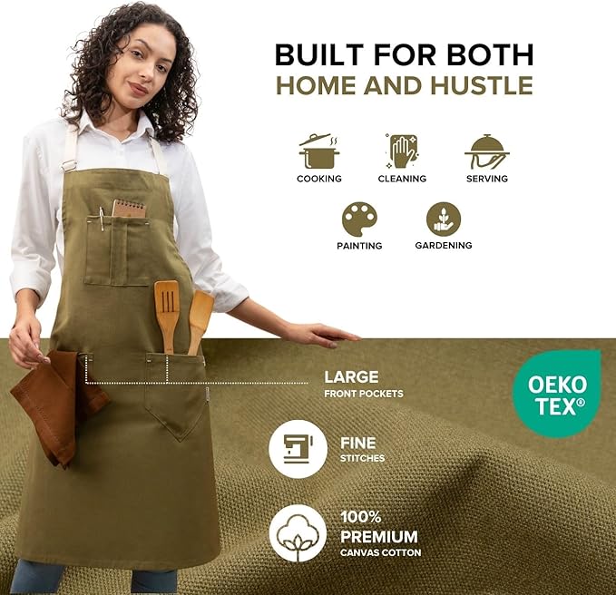 Cotton Canvas Apron for Women & Men – Adjustable Neck Strap & Waist Ties with Pockets