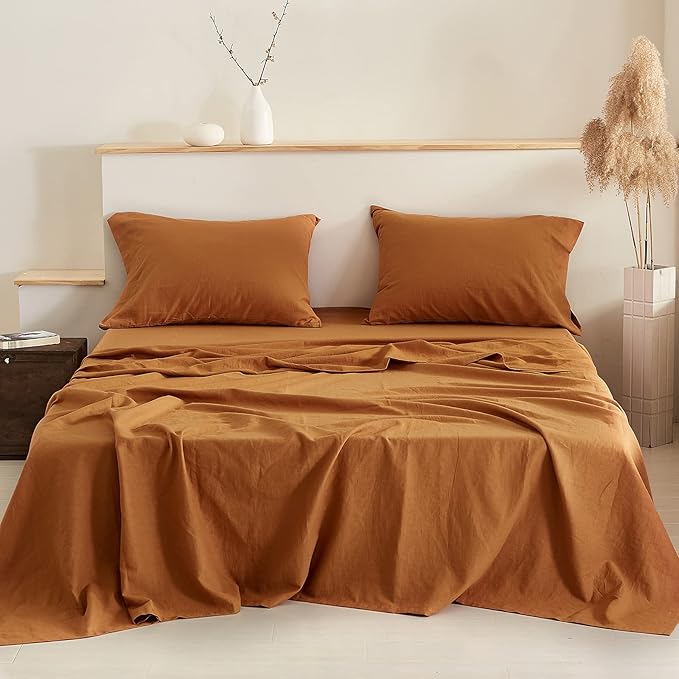 BISELINA Linen Sheet French Flax Flat Sheet Only 55% Euro Linen 45% Cotton Basic Style Solid Color Soft Breathable Farmhouse Top Sheet 1-Piece (Full, Rust)