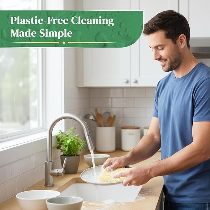 Natural Loofah Kitchen Sponge (3 Pack) - Natural Sponges for Dishes - Eco Friendly and Compostable Sponges - Biodegradable Plant Based Kitchen Dish Sponge - Plastic Free Dish Scrubber