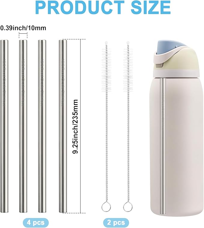 Metal Straw Replacement Set Compatible with Owala Water Bottle 40 Oz, Includes 4 Stainless Steel Straws & 2 Brushes, Premium Accessories for Owala Bottles