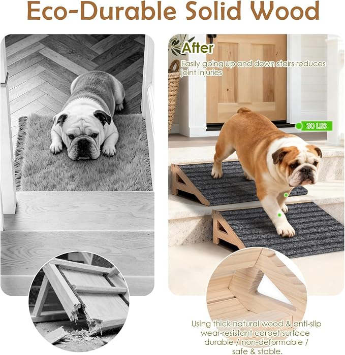 Wood Dog Ramp Stairs for Outdoor, Low Angle Dog Ramp for Stairs | 4.2"H, 2 Pack, ups to 170lbs, Premium Solid Wood, Anti-Slip Carpet Surface, Dog Stairs for Small Dogs, Footrest & Stretcher