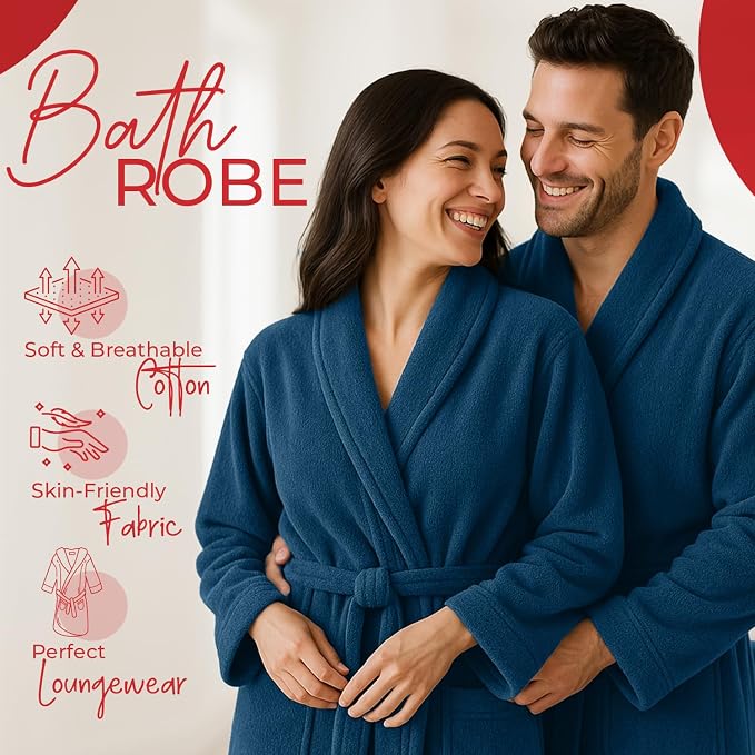 RIVERSIDE Premium 100% Cotton Terry Bathrobe For Women and Men - Soft Towel Robes with Shawl Collar Ajdustable Belt & Pockets