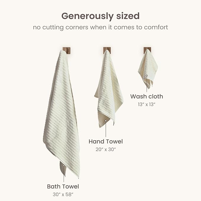 BIOWEAVES 100% Organic Cotton 6-Piece Luxury Bathroom Ribbed Towel Set GOTS Certified 700 GSM, 2 Bath Towel, 2 Hand Towel & 2 Wash Cloths - Ivory