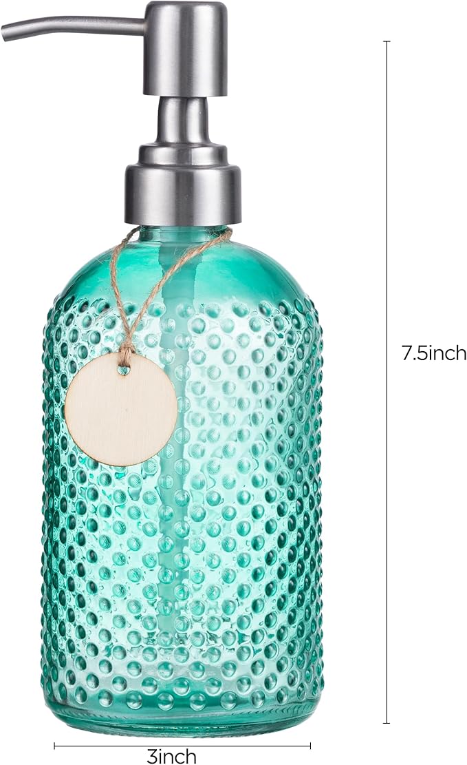 HBlife 2 Pack 16 Oz Glass Soap Dispenser with Stainless Steel Pump, Kitchen Bathroom Refillable Lotion Dispenser (Green)
