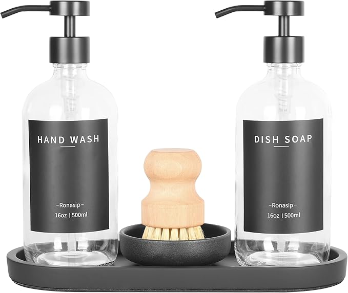 Ronasip Set of 5 Kitchen Soap Dispenser Set 16 Oz Glass Hand Dish Soap Dispenser with Stainless Steel Pump, Cement Tray, Dish Scrub Brush for Farmhouse Rustic Home Bathroom Decor (Transparency)