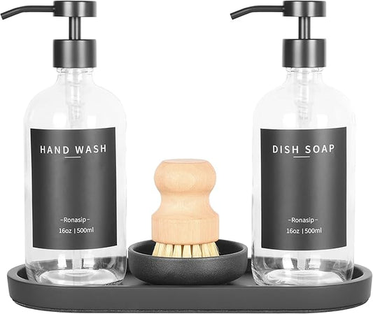 Ronasip Set of 5 Kitchen Soap Dispenser Set 16 Oz Glass Hand Dish Soap Dispenser with Stainless Steel Pump, Cement Tray, Dish Scrub Brush for Farmhouse Rustic Home Bathroom Decor (Transparency)