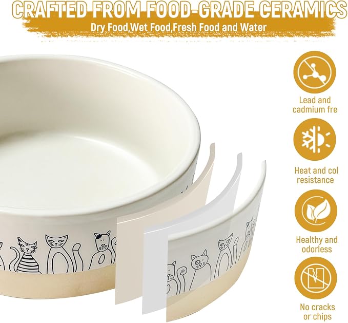 Elevated Ceramic Cat Bowls with Wooden Stand，6.1inch Raised Cat Bowls with Cute Pattern for Small and Medium Breed Dogs,2 Pack Cats Food and Water Bowl Set,Weighted Pet Dishes Dishwasher Safe