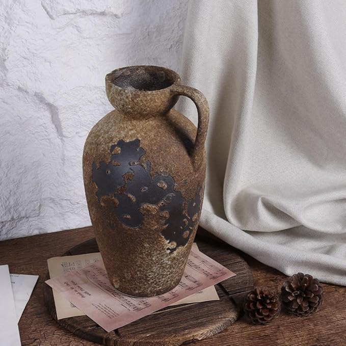 Wabi Sabi Rusty Vintage Vase, 11" Tall Wabi Sabi Decor Rustic Farmhouse Pottery Vase for Centerpiece, Textured Pottery Flower Vases for Home Decorative, Table, Living Room, Bedroom, Bathroom, Kitchen