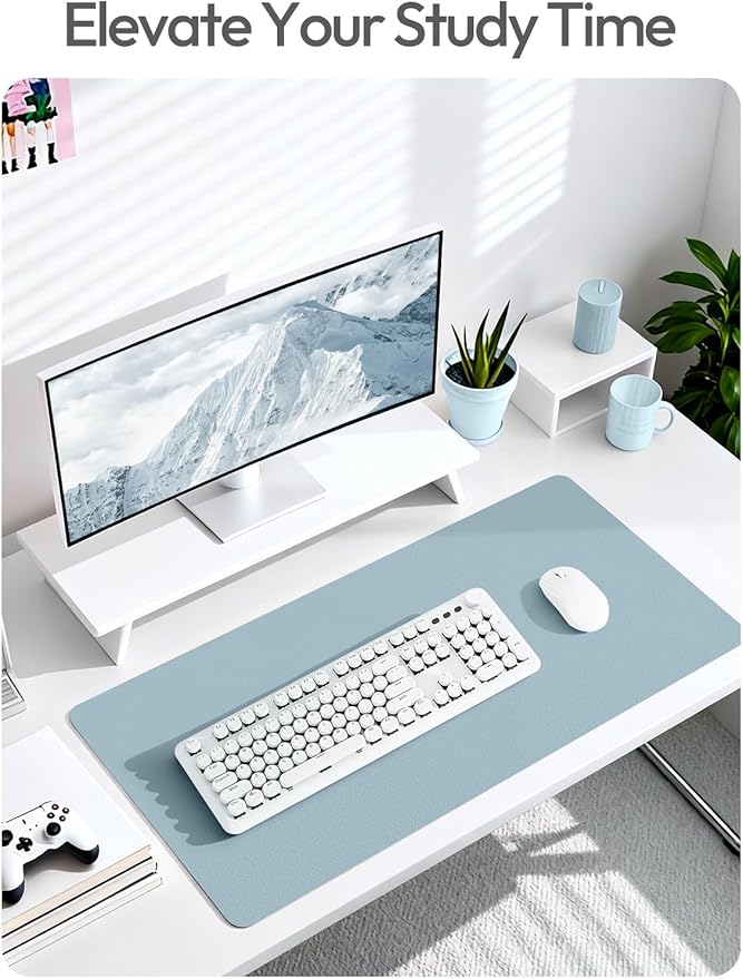 YSAGi Leather Desk Protector, Office Mat, Large Mouse Mat, Non-Slip PU Leather Blotter, Laptop Desk Mat, Waterproof Writing Pad for Office and Home(Ice Blue, 63" x 17.2")