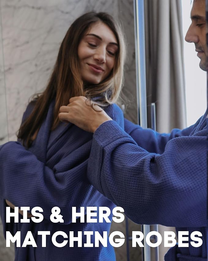 sea me at home Turkish Cotton Waffle Bathrobe, Luxury Spa Hotel Shawl Collar Robe for Women & Men, Plush Terry Inside