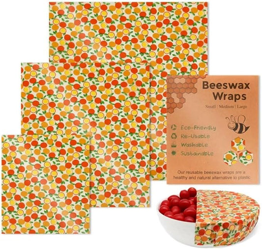 Oranges Reusable Beeswax Wrap - 3 Pack Eco-Friendly Beeswax Wraps for Food, Organic, Sustainable, Biodegradable, Zero Waste, Plastic-Free Food Storage