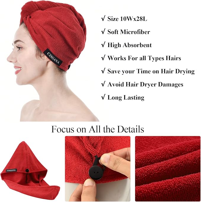 Microfiber Hair Drying Turban for Wet and Curly Hair, Wrap Towel With Button (Red, 10x28)