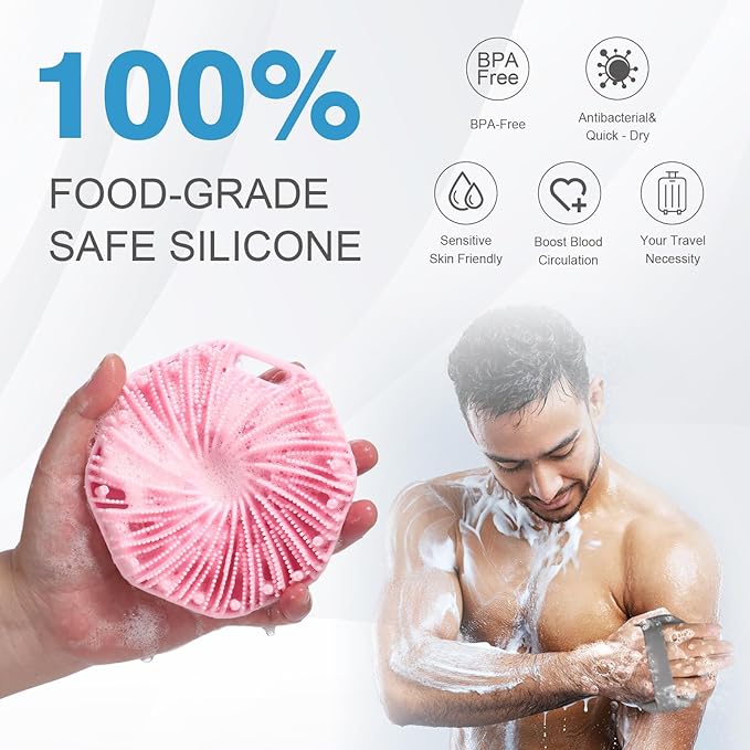 2Pcs Silicone Body Scrubber,Exfoliating Body Scrubbers for use in Shower,Silicone Body Brush for Showering and Anti-Slippery Handles for All Skin Types,Eco Friendly Shower Scrubber for Body (Pink)