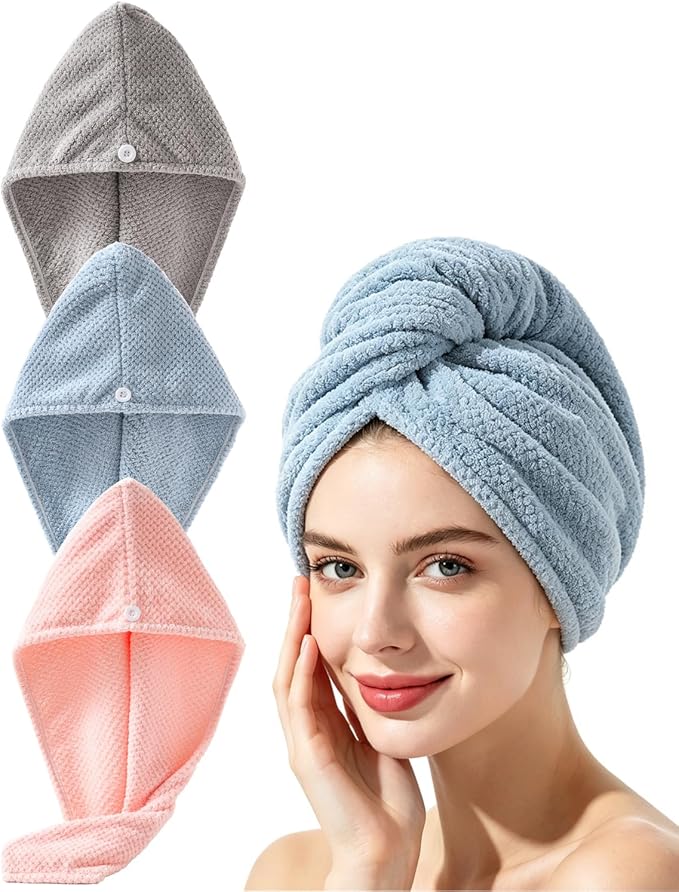 Lumimi Microfiber Hair Towel Wrap 3 Pack for Women Super Absorbent Quick Dry Turban with Button Closure, Lightweight Hair Towel Cap(3 Colors A)